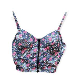 DITSY PINK FLORAL DENIM BUSTIER SPAGHETTI STRAP CROP TOP OS